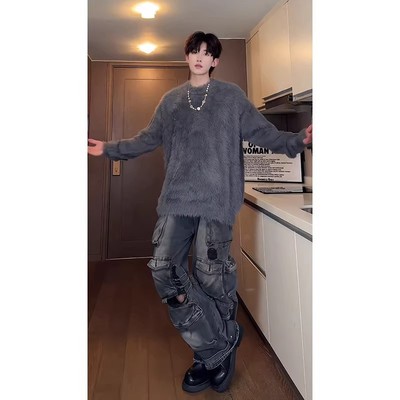 深灰色马海毛毛衣慵懒高级感男生秋冬外套加绒加厚圆领针织衫上衣