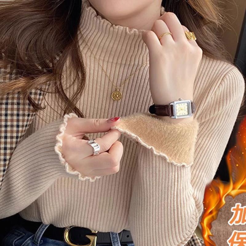 半高领一体绒打底衫女内搭秋冬新款加绒加厚毛衣洋气木耳边针织衫