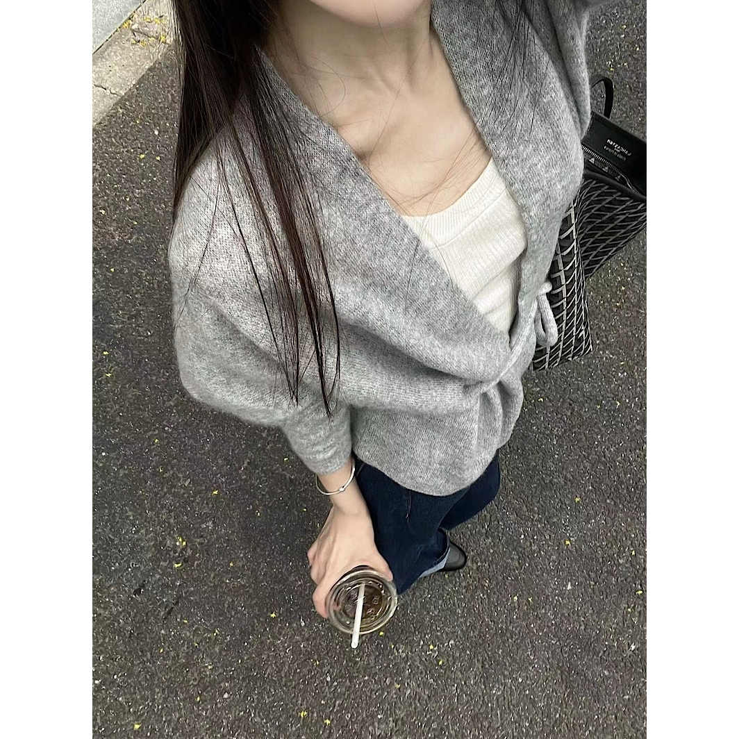 韩版绑带长袖针织开外套女秋季2025新款休闲宽松毛衣灰色百搭上衣