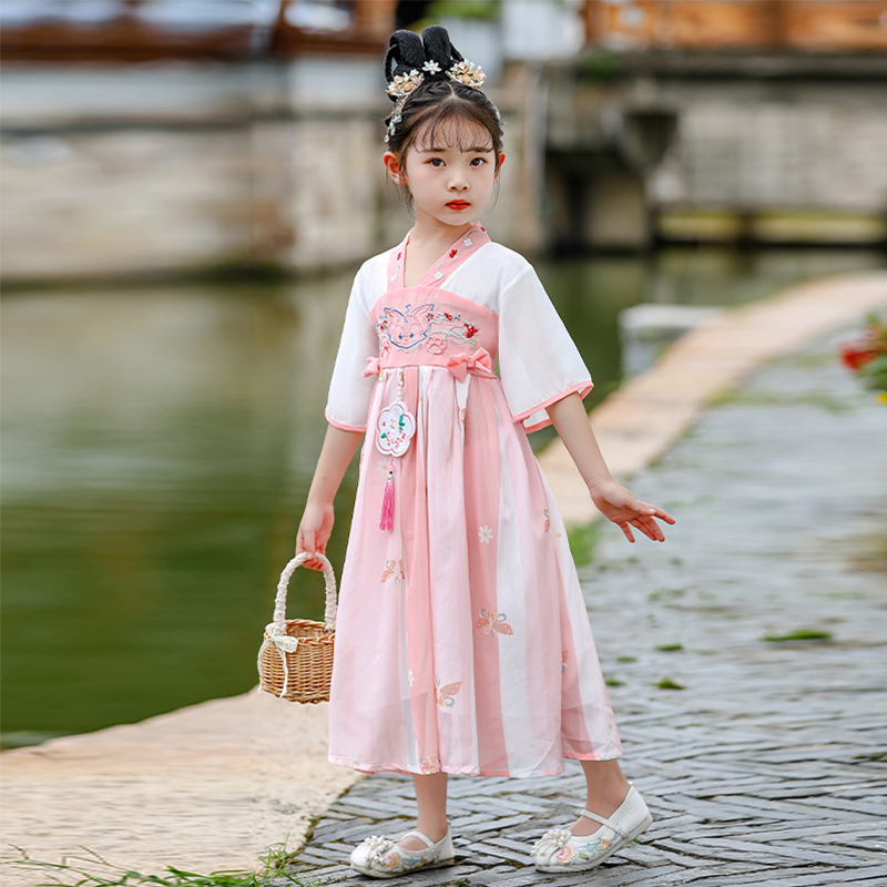 女童漢服連衣裙夏季薄款中國(guó)風(fēng)仙女裙兒童古裝超仙女寶寶公主裙子