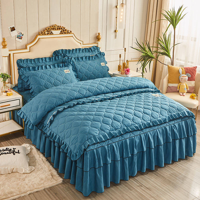 全夹棉床裙式四件套加厚纯棉防滑固定双层花边床笠床罩式床盖被套