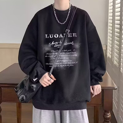 潮牌美式复古加绒卫衣男生秋冬宽松圆领无帽上衣内搭高街情侣外套