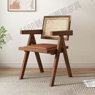 靠背椅阳台休闲椅实木餐桌椅 藤编椅子昌迪加尔椅加厚家用北欧日式