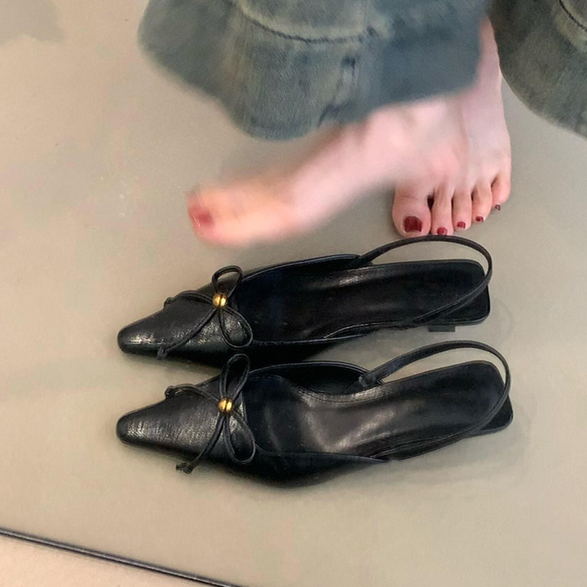 复古小猫跟尖头凉鞋女百搭蝴蝶结一脚蹬后绊带包头鞋