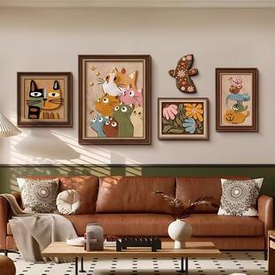 趣味猫咪中古风客厅沙发背景墙装饰画组合壁画卡通法式多巴胺挂画