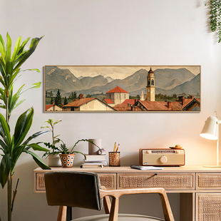 北欧风复古小众文艺建筑风景美式 饰画卧室床头客厅沙发拱形挂画 装