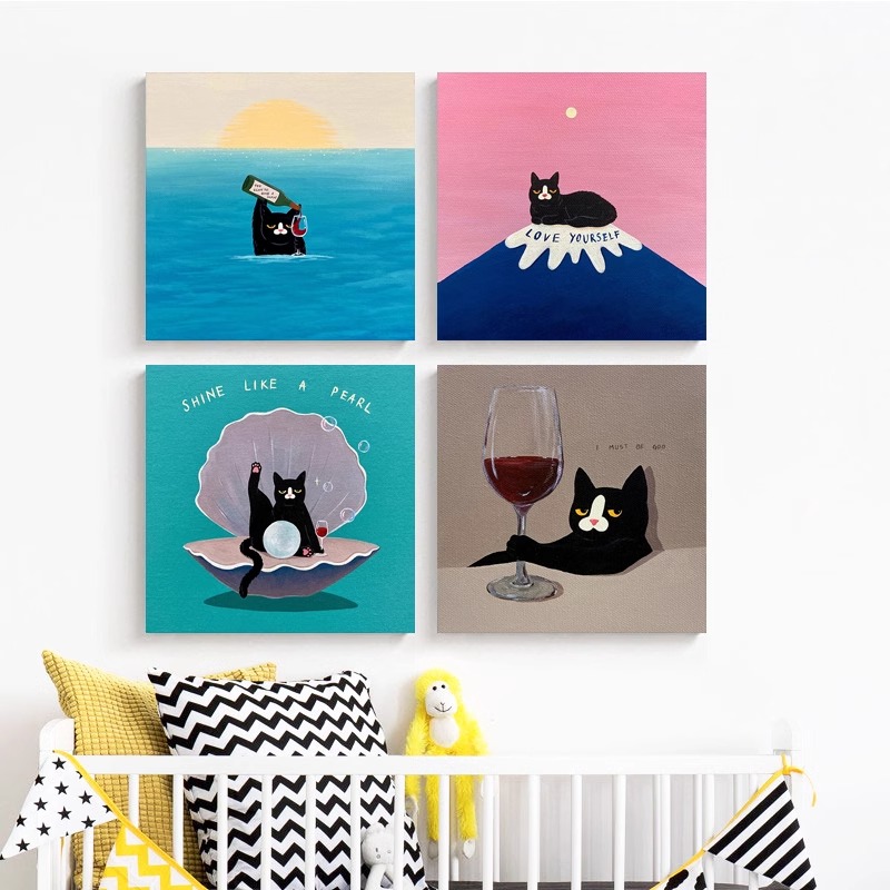 多巴胺卡通挂画猫咪小众艺术家St.Aftercigs壁画民宿趣味装饰摆画