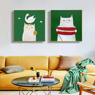 现代简约餐厅饭厅装 饰画可爱猫咪客厅油画北欧轻奢卧室儿童房挂画