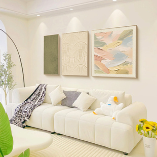 奶油风客厅装 饰画高级感抽象三联壁画现代原木风沙发背景挂画