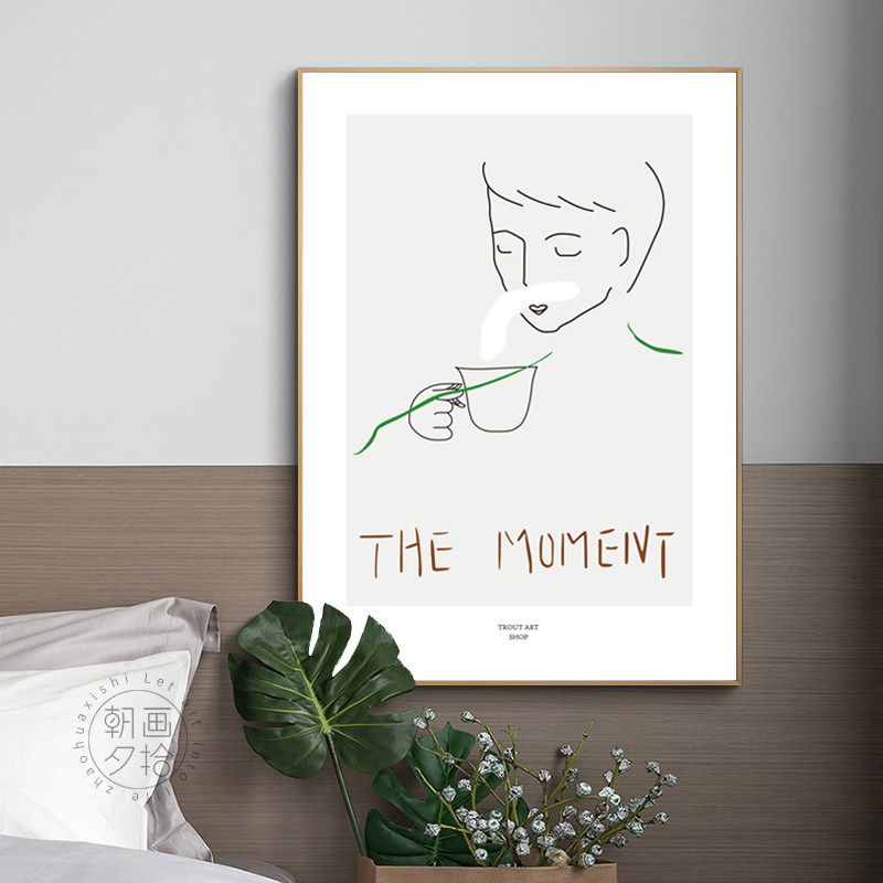 ins北欧人物咖啡文艺小清新装饰画挂画韩国设计师抽象线条黑白画