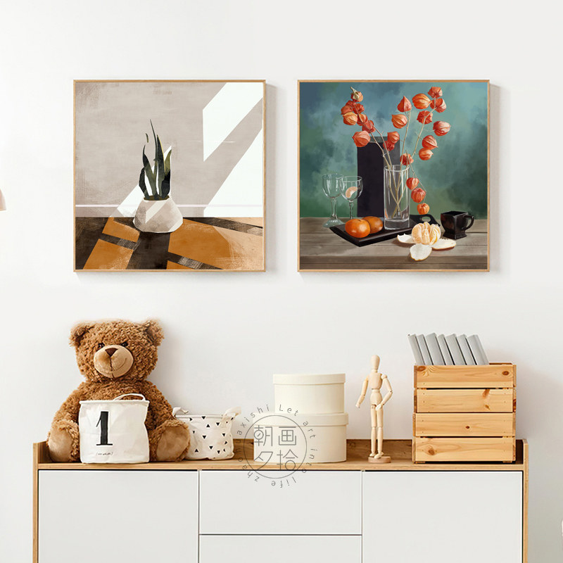 简约莫兰迪静物瓶花餐厅橘子水果茶壶酒杯正方形装饰画饭厅餐厅画