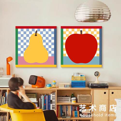 多巴胺苹果梨客厅装饰画中古ins风餐厅挂画水果艺术卧室桌面摆画