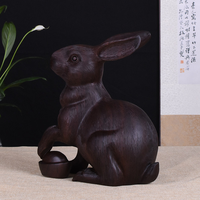 黑檀木雕兔子摆件实木质兔动物工艺品家居客厅办公室装饰摆设工艺