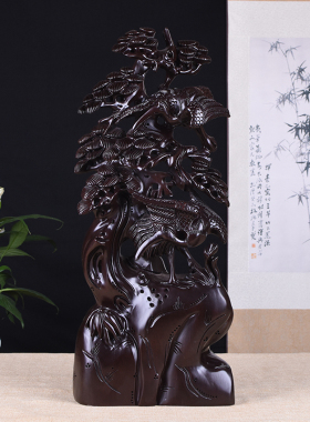黑檀木雕松鹤延年摆件实木质工艺品家居客厅玄关装饰摆设生日送礼