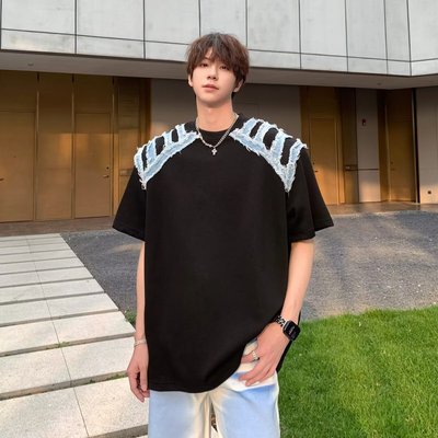 小众解构垫肩短袖男夏季牛仔拼接
