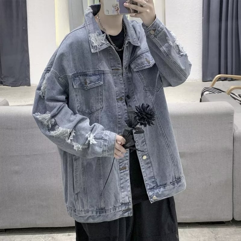 复古破洞牛仔外套男春秋夏季夹克