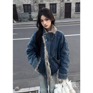 水洗解构牛仔棉服外套男女款冬季加厚保暖棉衣高级感毛领座山雕潮