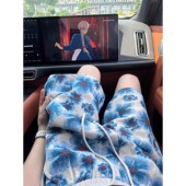 宽松五分沙滩裤 蓝色小花短裤 外穿度假夏威夷休闲中裤 夏季 子 男女款