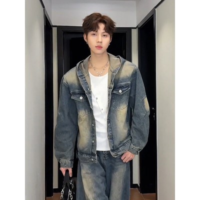 连帽牛仔外套男水洗牛仔工装夹克