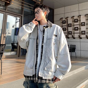 翻领假两件格子牛仔夹克男加肥加大码 潮牌胖外套宽松春秋街头痞帅