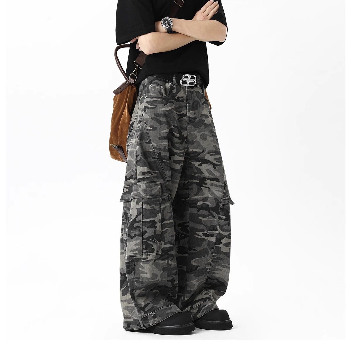 美式复古迷彩阔腿多口袋工装裤潮牌宽松反穿设计感弯刀牛仔裤男女