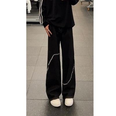 丹宁黑牛仔裤男宽松弯刀阔腿长裤