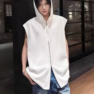 小众高领无袖 夏季 t恤设计感连帽坎肩 高街白色半拉链背心男款 美式
