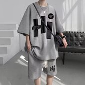 字母印花短袖 华夫格休闲运动套装 男夏季 t恤潮帅气一套搭配衣服男