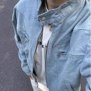 哈灵顿重磅水洗帆布夹克cleanfit冰川蓝简约休闲外套男春秋工装 服