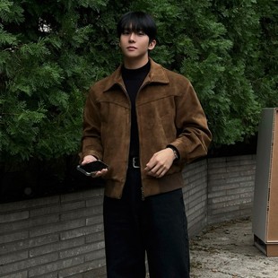 夹克 正肩翻领短款 男生入秋外套高级感美式 复古麂绒皮衣棕咖色修身