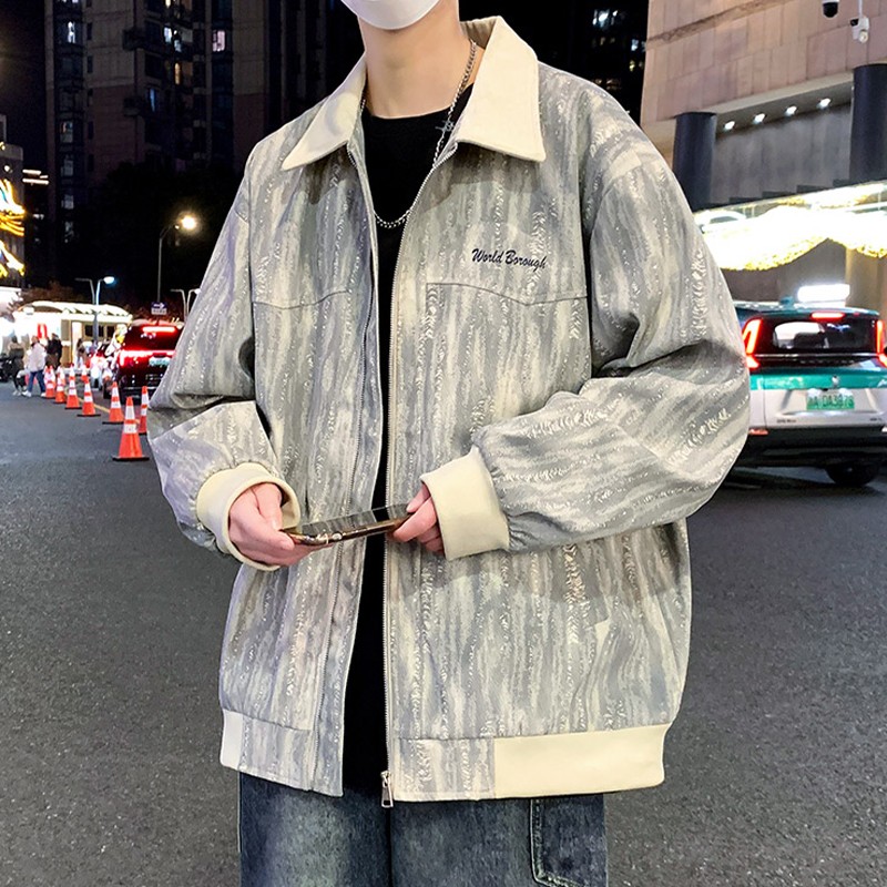 美式复古扎染外套男秋季潮牌痞帅飞行员工装夹克翻领宽松棒球服男
