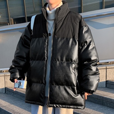 冬季PU皮羽绒服男士宽松立领加厚