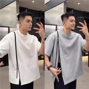 痞帅t恤高级感百搭圆领半袖 撞色拉链开叉潮牌设计款 夏季 男士 短袖