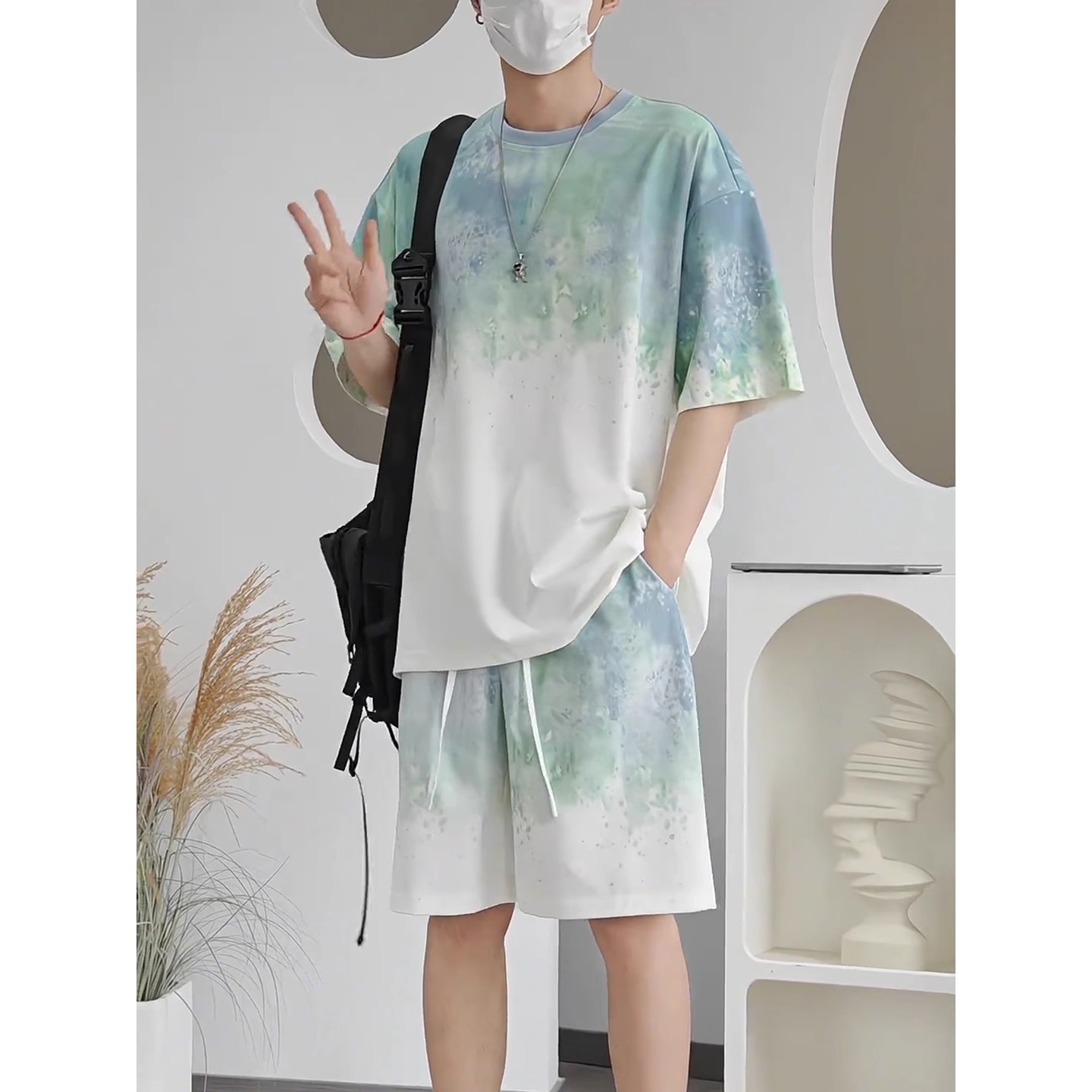 扎染冰丝短袖t恤男酷帅穿搭套装