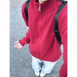 美式红色毛衣男款秋冬季cleanfit条纹开衫圣诞针织衫立领过年外套