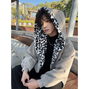 美式 加绒保暖棉衣双面穿豹纹皮衣外套 连帽座山雕棉服外套男女冬季