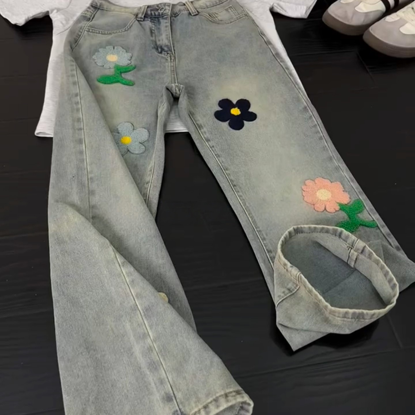 花朵刺绣牛仔裤男春直筒阔腿长裤