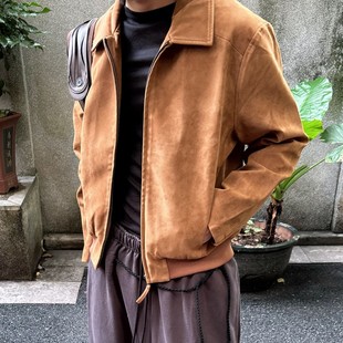 美拉德仿牛绒麂皮夹克男秋美式 翻领正肩外套 复古巴恩风哈灵顿短款