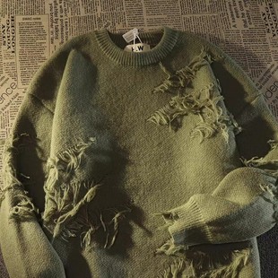 日系复古慵懒线衣外套 加厚宽松破洞针织衫 个性 圆领毛衣男女秋冬季