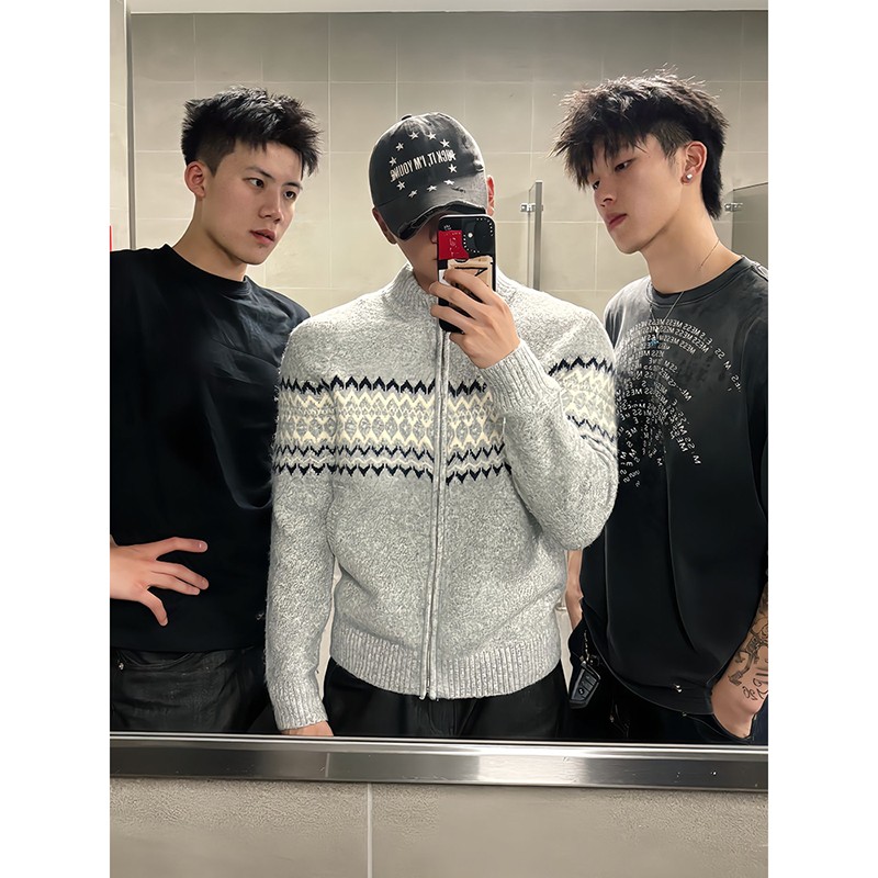 针织开衫外套男款半高领毛衣夹克