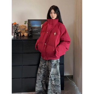 面包服 boxy廓形加厚保暖棉衣短款 红色满天星工装 羽绒棉服男女冬季