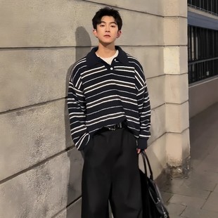 宽松休闲撞色条纹慵懒风毛衣 复古潮流大码 polo领针织衫 男秋冬美式