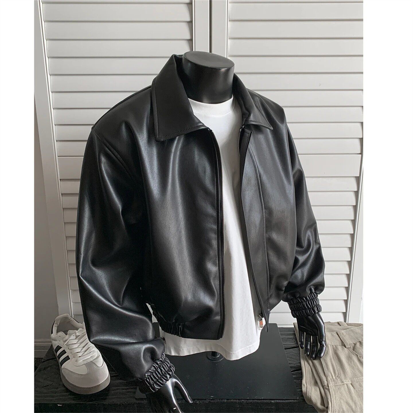 黑色pu皮垫肩短款皮衣夹克男女款秋冬高级感保暖boxy拉链外套美式