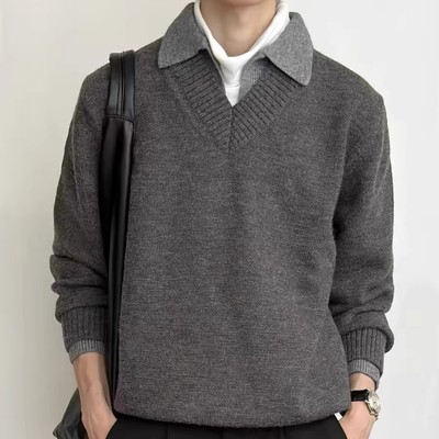 美式复古假两件双v领毛衣男女冬