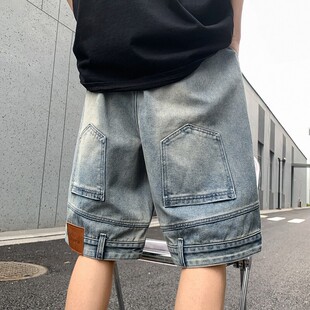 男款 夏季 工装 美式 子高街过膝情侣五六分马裤 牛仔短裤 裤 男 高腰倒装