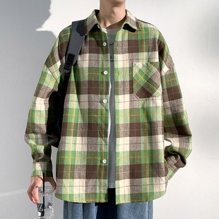 美式 男春秋新款 衬衣情侣潮牌复古宽松休闲青少年外套 格子衬衫 长袖