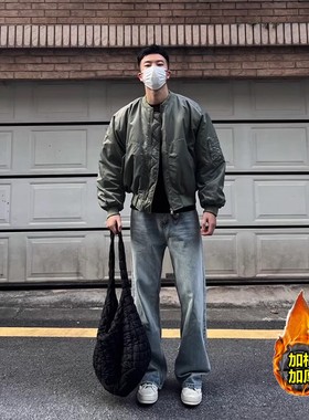 美式ma1飞行员夹克棉服男冬季加厚夹棉棒球服军绿色短款工装外套