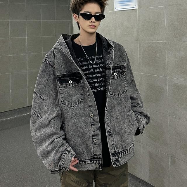 连帽牛仔外套男宽松痞帅工装夹克