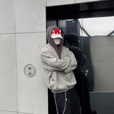 拼接撞色V领连帽卫衣男女老钱风