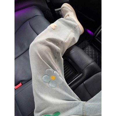 花朵刺绣微喇牛仔裤男秋植绒长裤